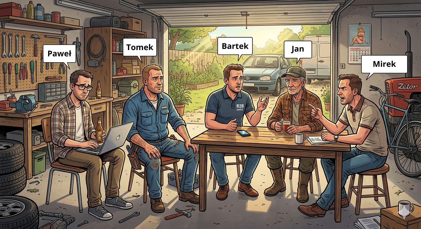 Mężczyźni w garażu
